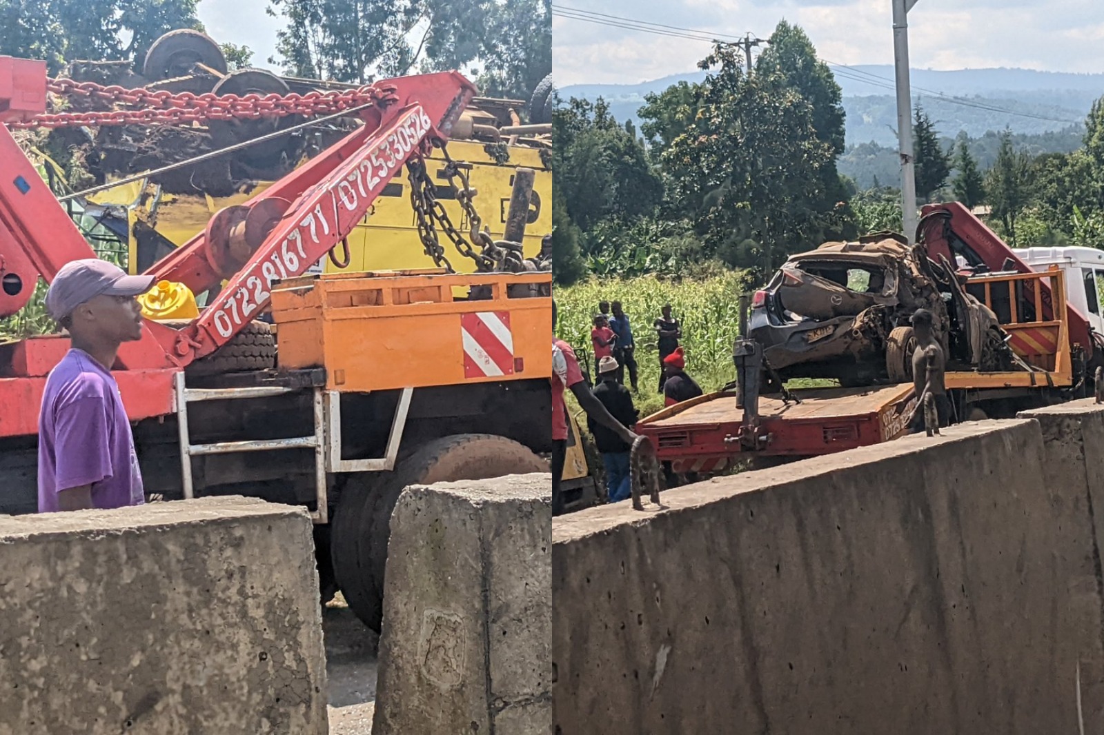 Photocollage of a school bus and a private vehicle involved in an accident along the Nakuru-Eldoret Highway.